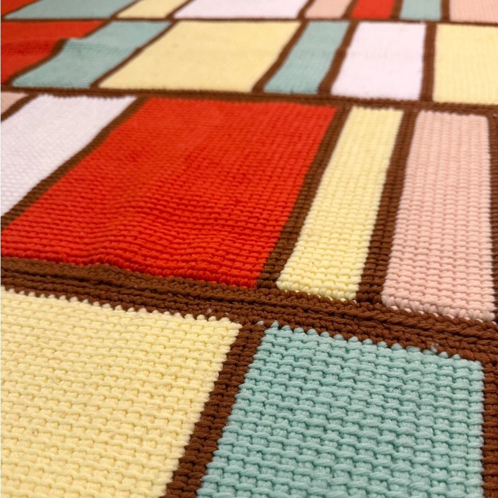 VTG MCM Mid-Century Square Crochet Afghan Blanket 54x63 Orange Geometric Retro‎